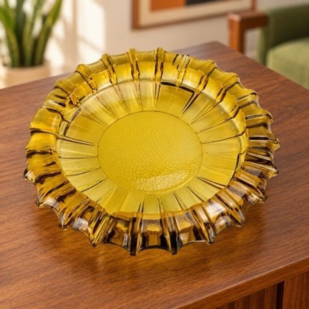 Vintage MCM Amber Heavy Glass 10" Ashtray Sunburst